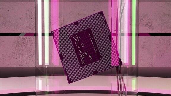 微芯片在地板上旋转粉红色的霓虹灯抽象的背景电脑人工智能