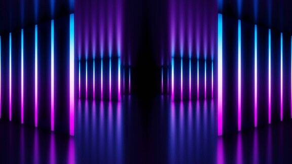 暗走廊与蓝色和紫色霓虹灯线循环动画背景