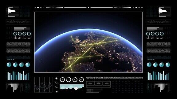 行星地球3d分析显示欧洲大陆的快速线路数据传输和数字连接的象征世界技术HUD界面