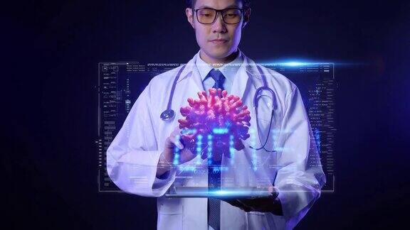 科学家医学研究医生看未来的大脑扫描数据信息从3D平板电脑移动医疗实验室未来增强现实技术分析