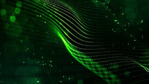 4k循环科幻绿色背景与散景和灯光效果辉光格林色粒子形成线表面弦结构作为虚拟空间或全息图的HUD屏幕3.