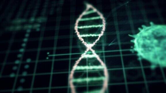 医学技术螺旋DNA染色体实验室和蓝格子背景下的病毒分析抽象全息HUD界面和生物学概念数字屏幕技术创新4k录像视频