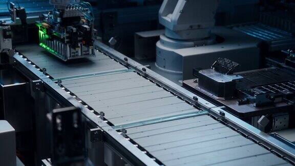 电动汽车电池组生产工艺锂离子电池生产线的机器人手臂将汽车电池模块运送到传送带上先进自动化智能工厂