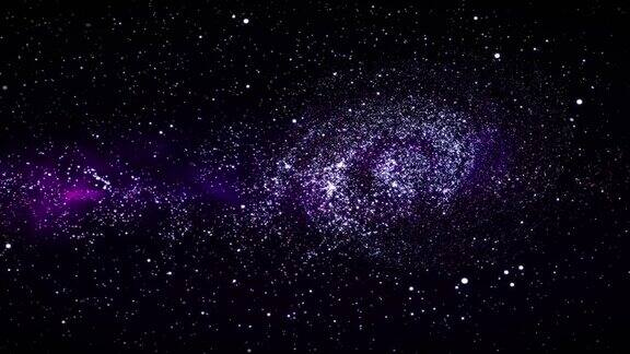 深空星系螺旋星系银河系的动画在太空中穿越星场和星云展示一个旋转的螺旋星系3D渲染