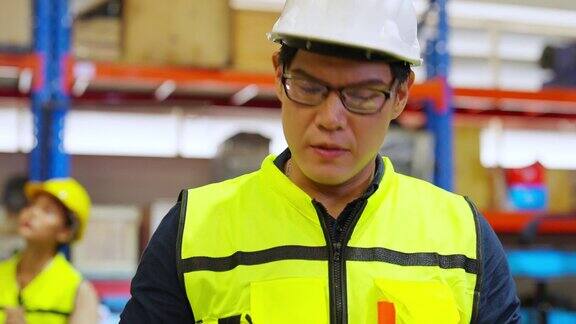 4K亚洲男工程师在工厂用机械臂工作