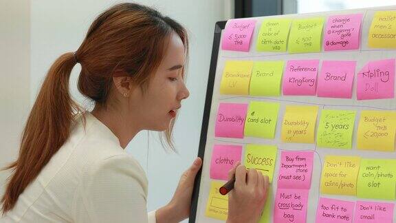 创意办公室会议-亚洲女商人用白板和便利贴解释想法