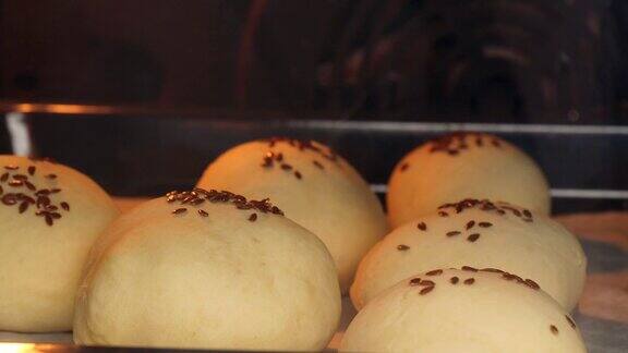 自制的亚麻籽包子特写在烤箱中烘烤和发酵圆面包的延时视频