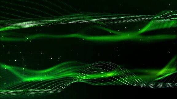 4k循环科幻绿色背景与散景和灯光效果辉光绿色粒子形成线表面弦结构作为虚拟空间或全息图的HUD屏幕16