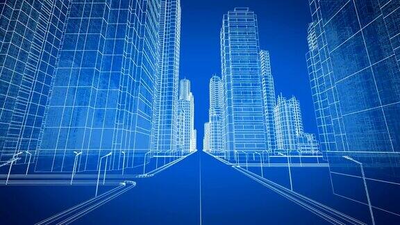 穿越现代城市数字3d蓝图施工与技术概念蓝色3d动画