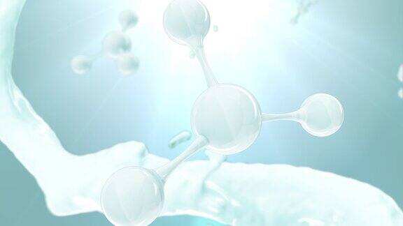 分子奶油分子的科学插图透明质酸护肤液广告胶原蛋白精华液滴与化妆品广告背景3d渲染