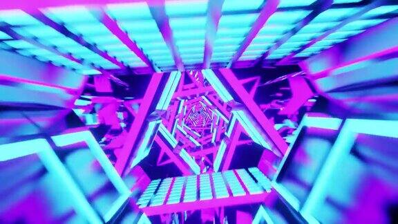 空间霓虹灯照亮蓝色和粉红色的三角形VJ环形隧道穿越星系背景
