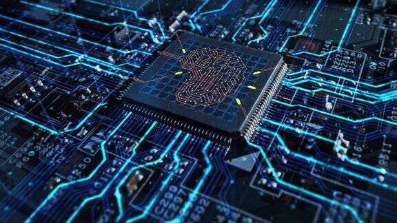 未来高科技概念可视化:电路板CPU处理器微芯片启动人工智能数字化神经网络数据数字线路连接到3D大脑