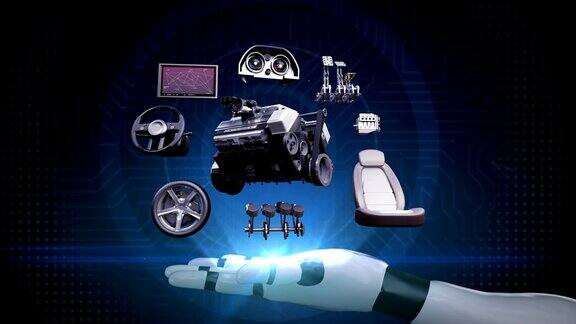 电动混合动力汽车机器人手臂可拆卸汽车零件环保的未来汽车发动机、座椅、仪表盘、导航4k动画