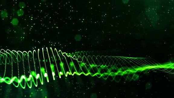 4k循环科幻绿色背景与散景和灯光效果辉光绿色粒子形成线表面弦结构作为虚拟空间或全息图的HUD屏幕9