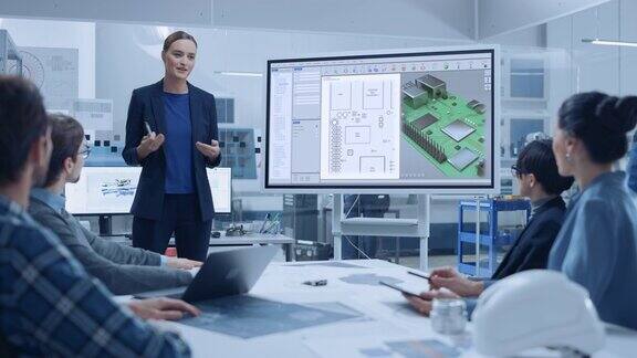 现代工业工厂会议:自信的女性计算机工程师使用数字交互式白板与一组工程师谈话经理谈话和展示3D印刷电路板