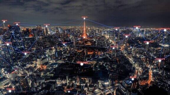 4K分辨率东京城市与网络连接线的时间间隔物联网和智慧城市概念技术未来概念