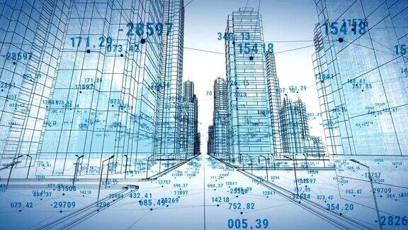 数字与网格的抽象数字城市穿越3d蓝图商业和技术概念蓝色3d动画