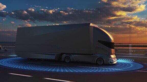 未来技术概念:带货运拖车的自动驾驶卡车带扫描传感器在路上行驶日落时分车辆分析高速公路的特殊效果