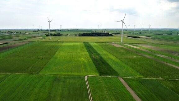 风力涡轮机矗立在油菜和小麦盛开的田野上
