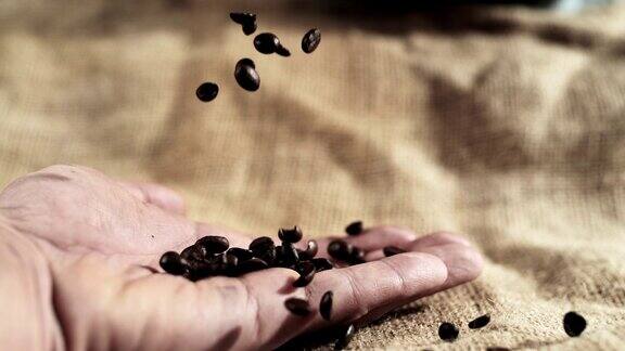 SLOMO咖啡豆落在张开的手掌上