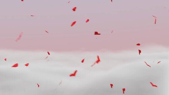 红色的心在粉红色天空的云里飞翔