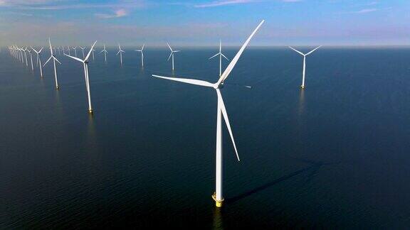 风车公园风车公园在海上鸟瞰风力涡轮机荷兰弗莱福兰