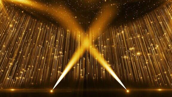 金色粒子光和灯光照亮颁奖舞台的背景