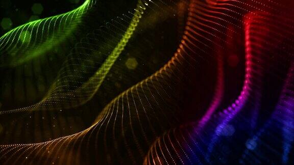 4k循环科幻背景与散景和灯光效果辉光梯度颜色粒子形成线表面弦结构作为虚拟空间或全息图的HUD屏幕4