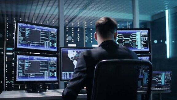 技术控制器操作员在多显示器工作站工作的后视图可能的发电厂机场调度员大坝工人政府监视空间计划