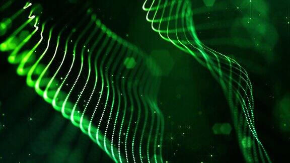 4k循环科幻绿色背景与散景和灯光效果辉光绿色粒子形成线表面弦结构作为虚拟空间或全息图的HUD屏幕1