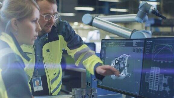 在工厂:男机械工程师和女总工程师讨论屏幕上显示的3DCAD设计的发动机原型在背景的未来工厂与自动机器人的手