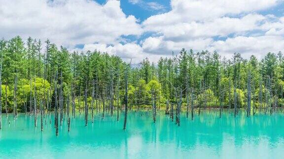 时光流逝美丽的蓝色池塘(aoilike)与反射云和蓝天在北日本北海道