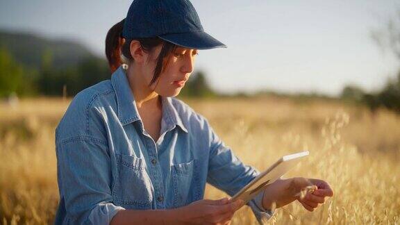 年轻的女农民在农田里拿着数字平板电脑