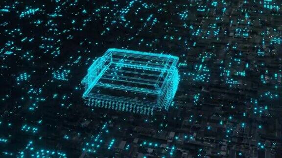 未来的发光CPU处理器蓝光主板电路板3D渲染