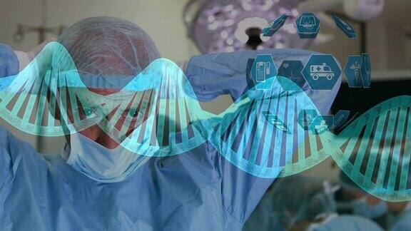 全球医学偶像和DNA结构与戴口罩的男性外科医生