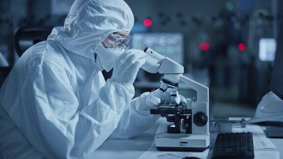 研究工厂洁净室:工程师科学家穿着工作服戴着手套用显微镜检查样品为医疗和高精密电子工业开发高科技现代技术