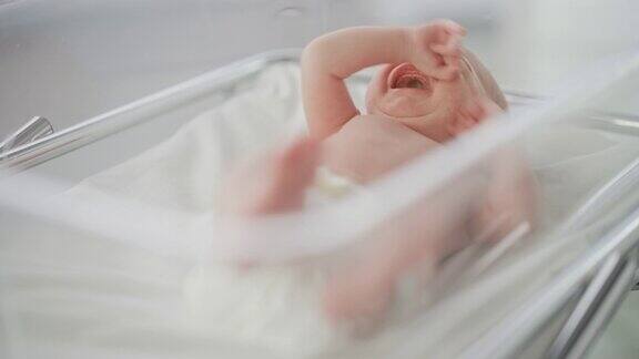 新生儿出生后躺在产科病房的摇篮里的肖像可爱的新生儿呼唤母亲哭泣和失眠分娩和医疗诊所概念