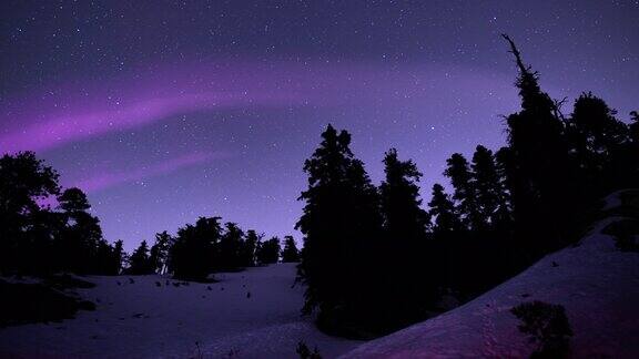 极光拱形紫色在雪山高山森林循环