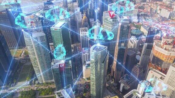 时光流逝现代城市网络连接和全球通信智慧城市概念