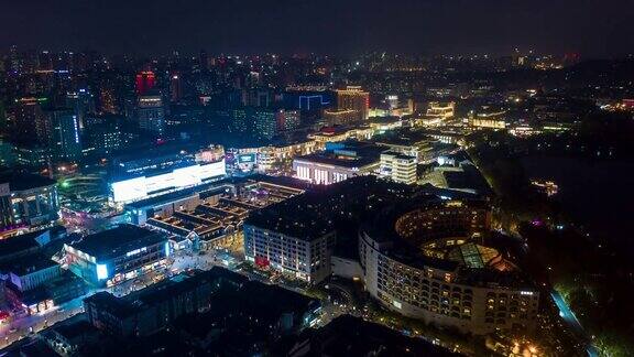 夜景照明杭州著名湖滨湾旅游区空中延时全景4k中国