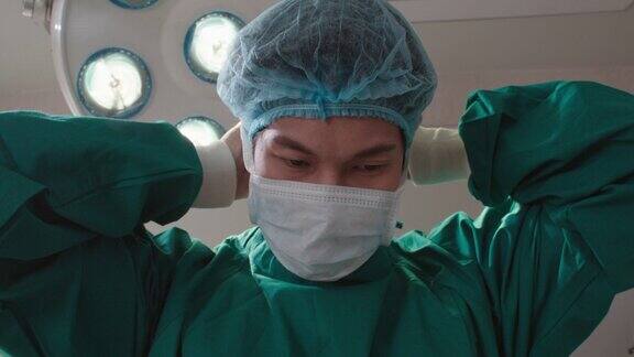 医生给病人动手术前要系上外科口罩