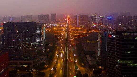 日落时间夜晚照亮成都城市中心交通街道道路航拍时间推移全景4k中国