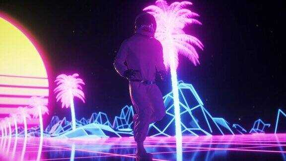 宇航员在闪烁的霓虹灯中奔跑音乐和夜总会复古的80年代风格合成波背景