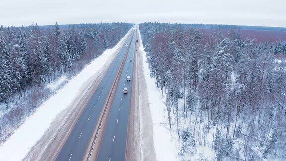 两辆货车经过白雪覆盖的森林