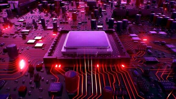 在红色的电路板和处理器上飞行循环3d动画的主板和CPU与红色耀斑技术与数字概念