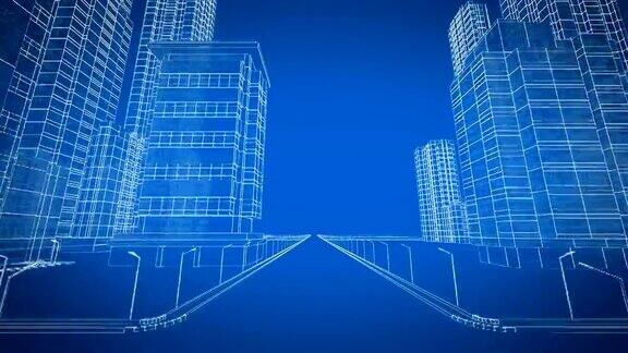 数字3d蓝图中的美丽现代城市成长过程施工与技术概念蓝色3d动画循环