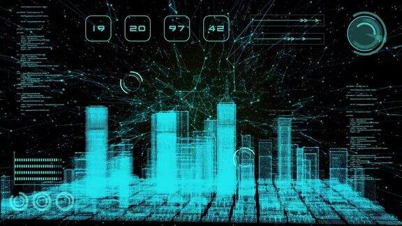 智能世界技术数字智慧城市3D建筑建筑全息图扫描UI显示器屏幕HUD物联网人工智能安全能源能源技术未来背景