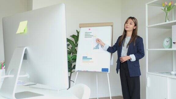 年轻的亚洲女性在虚拟视频会议中展示销售报告和商业计划通过家庭办公室的台式电脑与团队进行在线视频会议