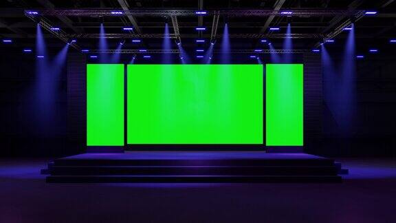 运动空舞台设计的模型和企业身份展示在大厅舞台绿色屏风图形资源的空白屏幕现场事件导致夜晚灯光上演动画循环4k3d渲染