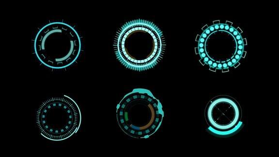 收集HUD抬头显示蓝色圆圈元素的技术和未来概念在黑暗背景